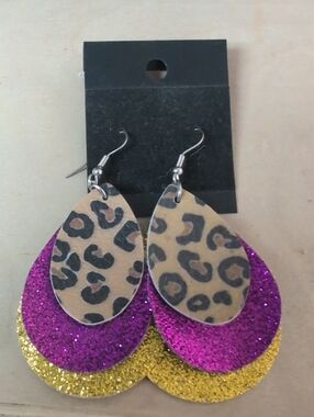 Leopard Print Teardrop Earrings with Pink and Gold Glitter Layers